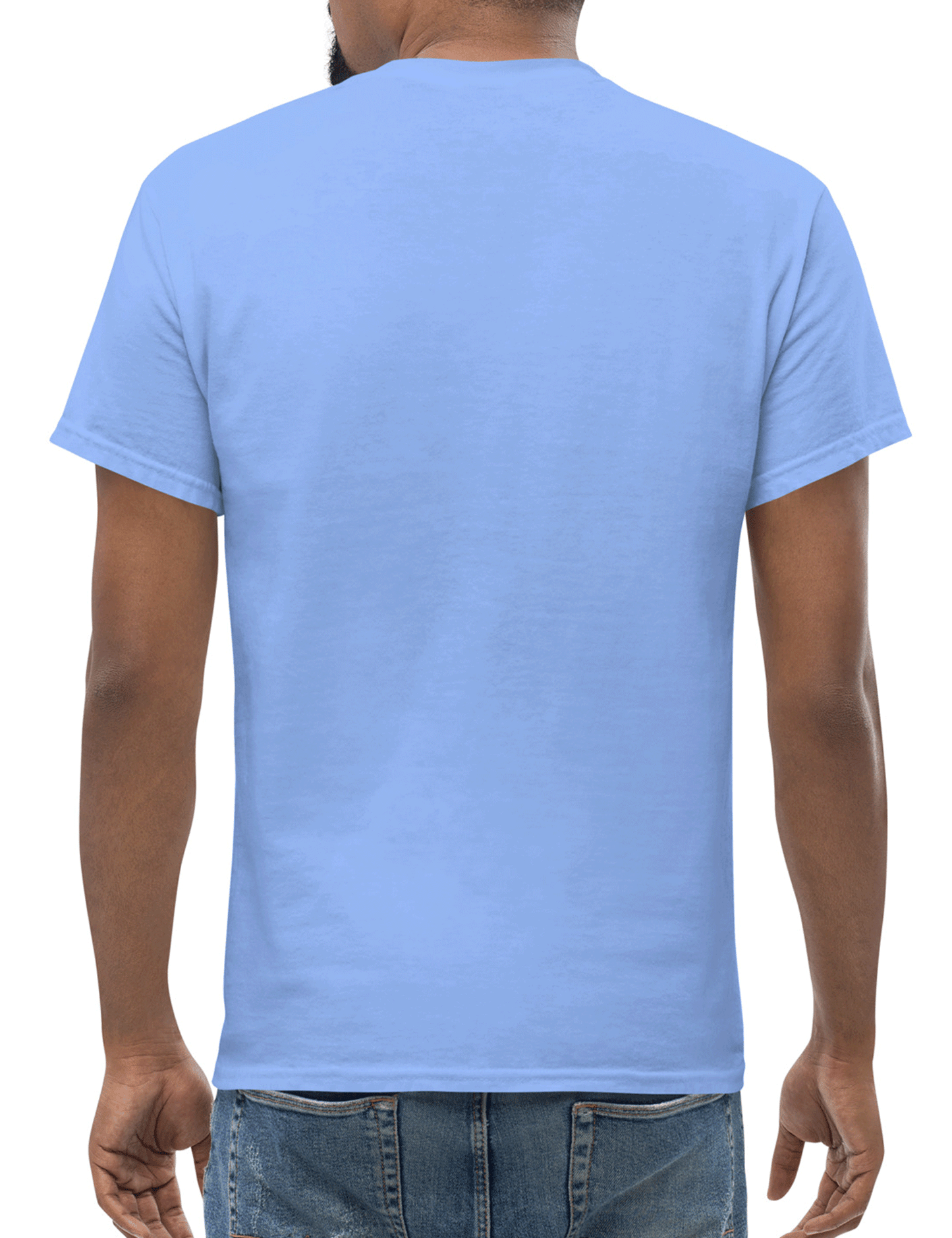 Light blue t-shirt worn by a person on a white background