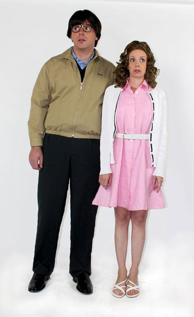 Costume guide for Brad and Janet from the movie Rocky Horror Picture Show.  Brad wears glasses, a brown jacket and black pants.  Janet has curly brown hair and wears a pink dress, white cardigan, and white belt.