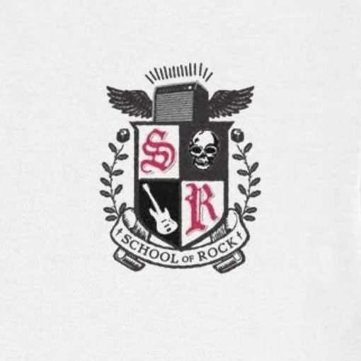 School of rock insignia featuring a skull, a guitar, and an amplifier with wings