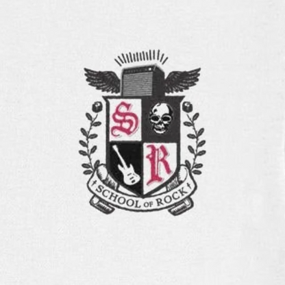 School of rock insignia featuring a skull, a guitar, and an amplifier with wings