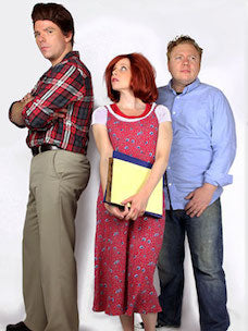 Costume guide for three characters from the movie Sixteen Candles.  Jake wears a red plaid shirt and khaki pants.  Samantha has red hair, wears a red floral dress, and carries a notebook.  The Geek wears a light blue button down shirt and jeans.