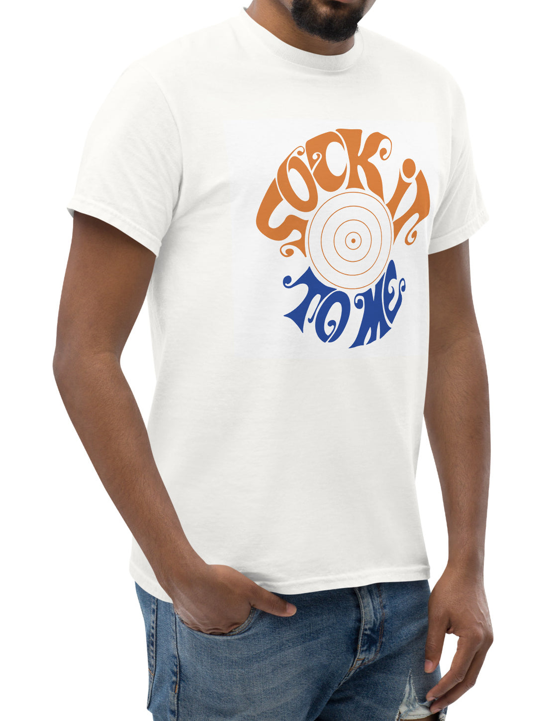 Person wearing a white t-shirt with 'Sock It To Me' graphic design.