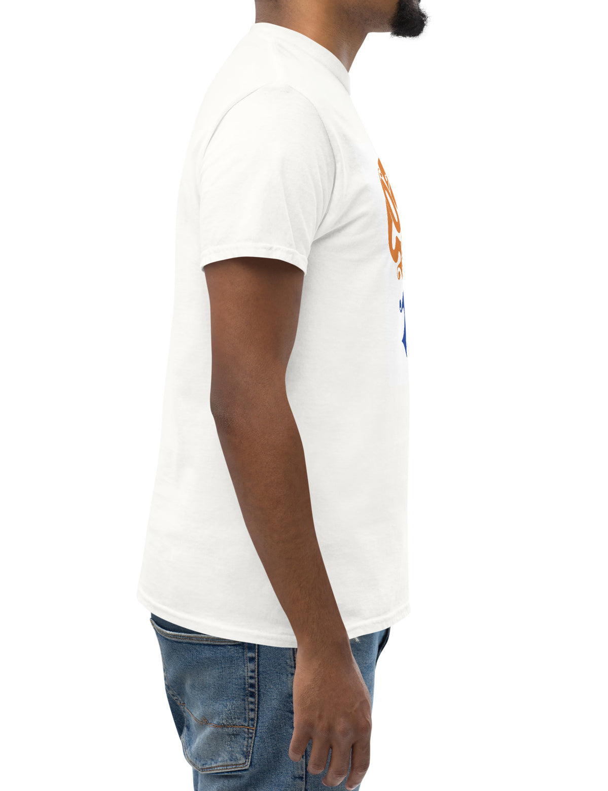 Person wearing a white t-shirt with a colorful graphic on the front against a white background