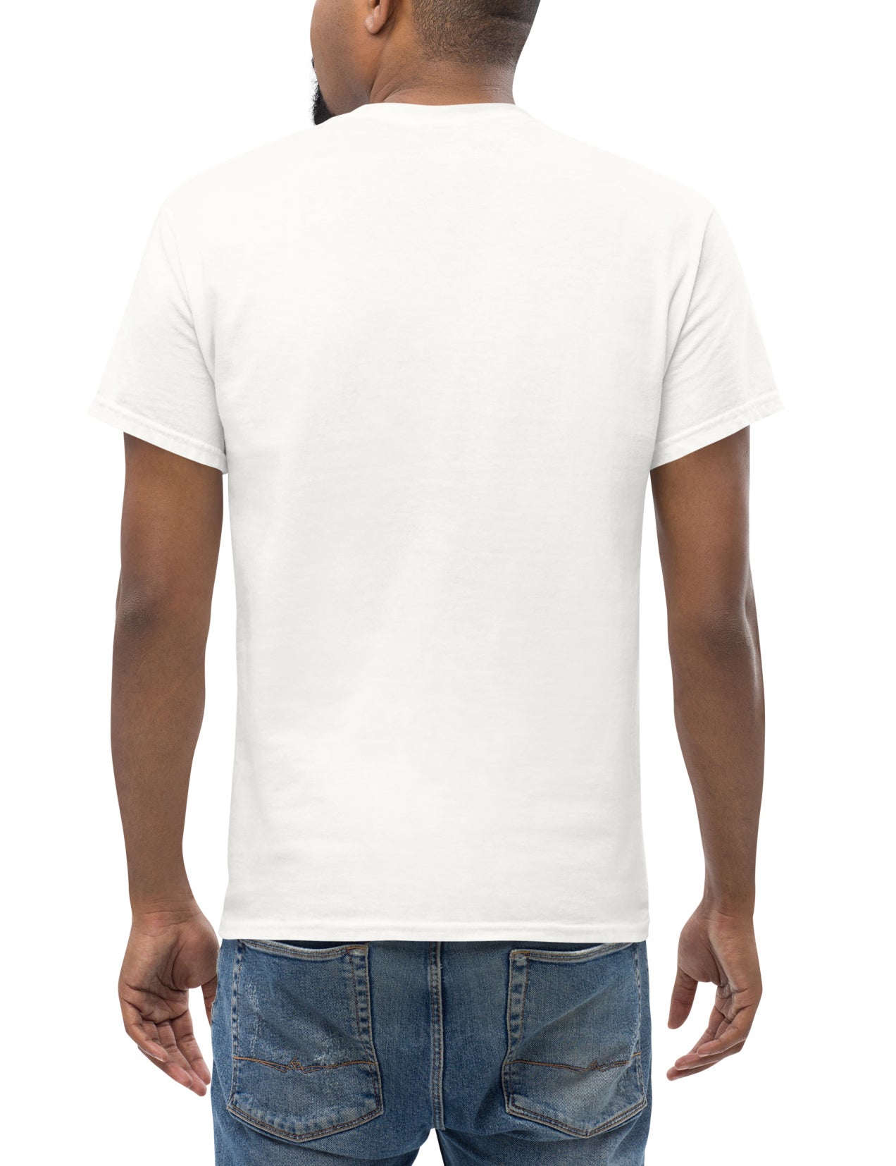 Person wearing a plain white t-shirt and blue jeans on a white background, seen from the back