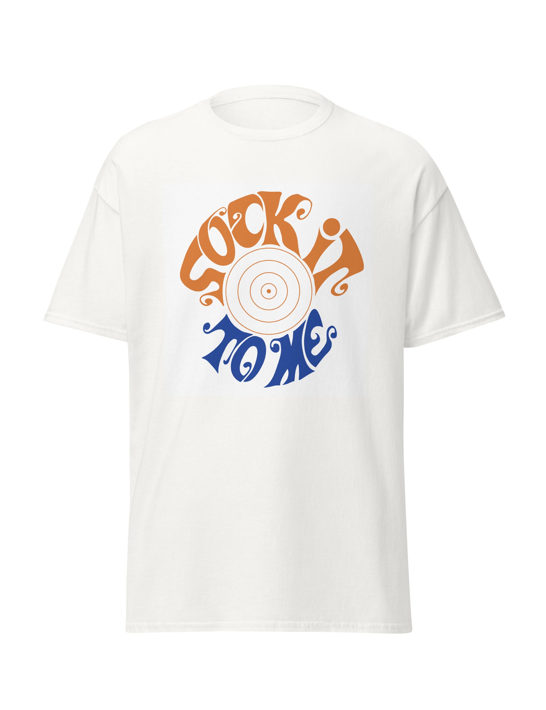 White t-shirt with colorful graphic design on a white background.  Design spells out "Sock it to me" in orange and blue text.