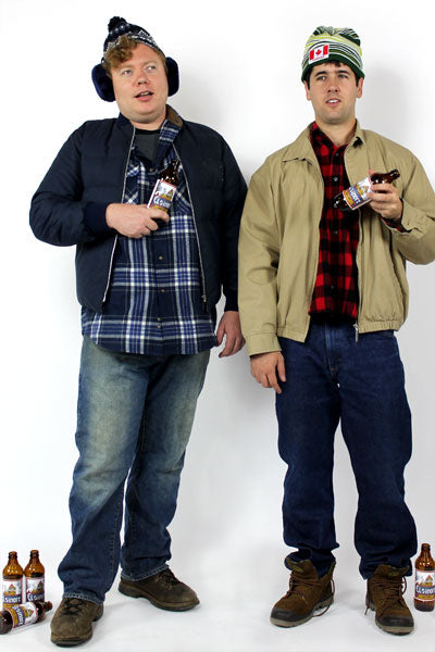 Costume guide for Bob and Doug from the movie Strange Brew.  Bob and doug wear plaid shirts, jeans, jackets, brown work boots, and stocking caps.  They both hold beers.