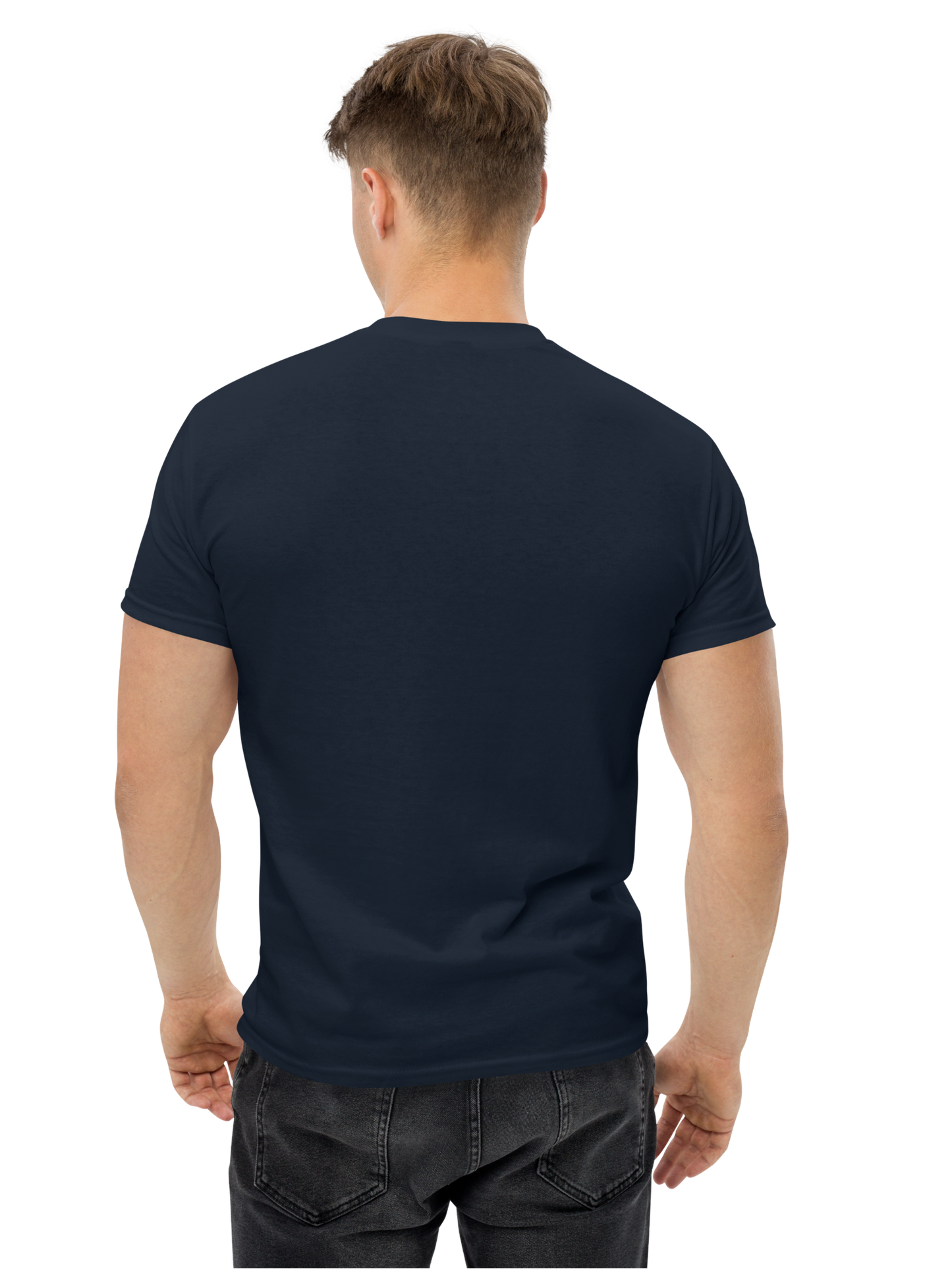 Man wearing a plain navy blue t-shirt on a white background