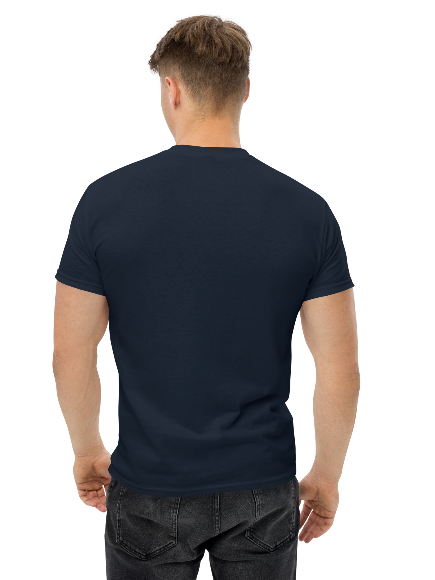 Man wearing a plain navy blue t-shirt on a white background