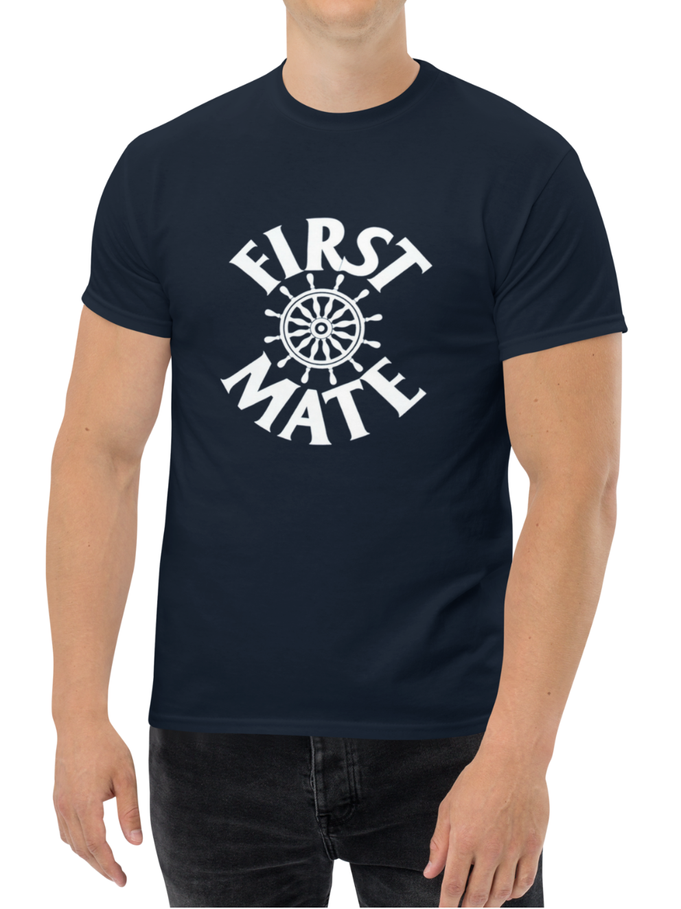 Man wearing a navy blue t-shirt with 'FIRST MATE' print on a white background