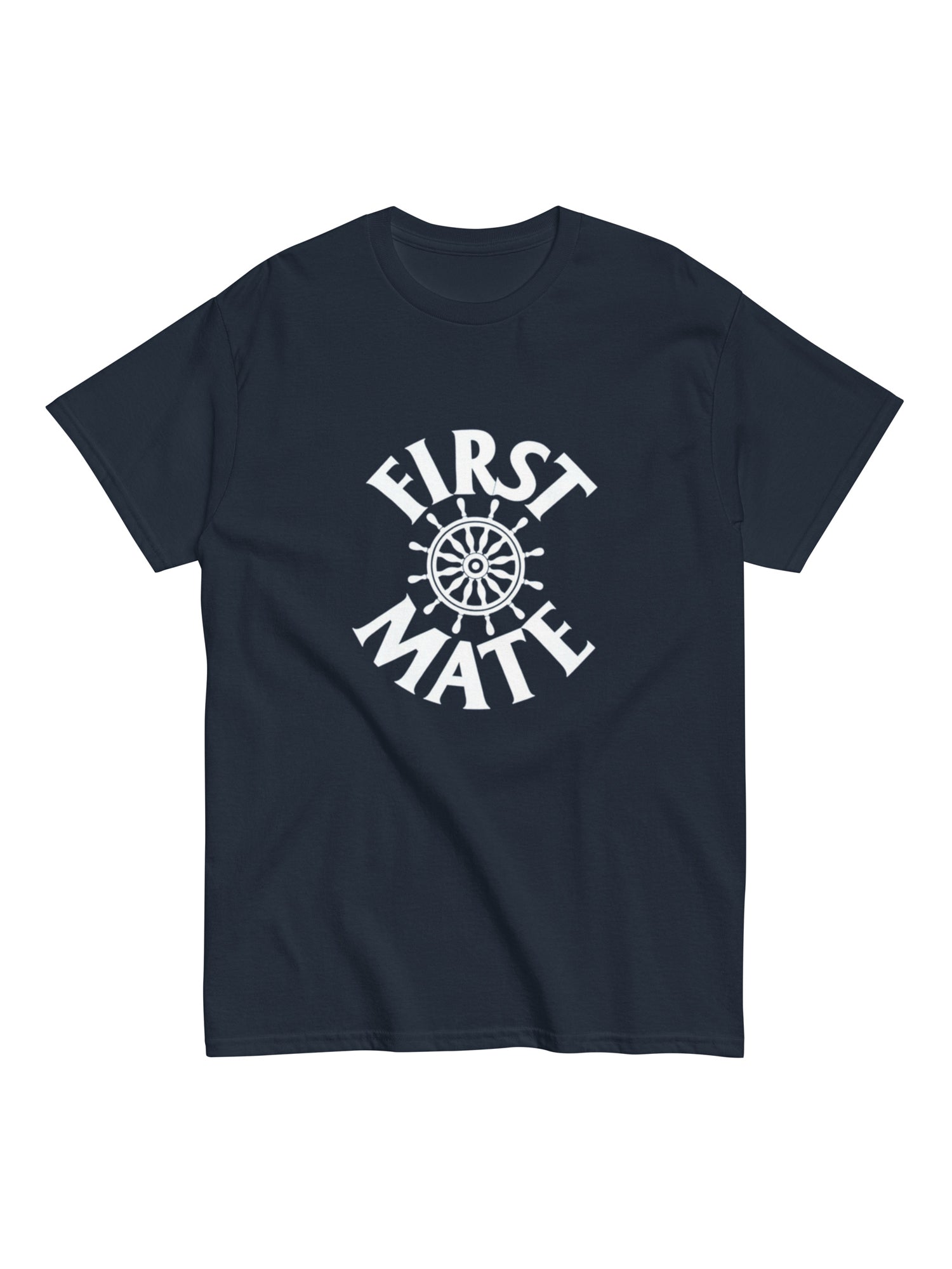 Navy blue t-shirt with 'First Mate' text and ship wheel graphic on a white background
