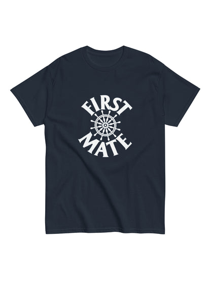 Navy blue t-shirt with 'First Mate' text and ship wheel graphic on a white background