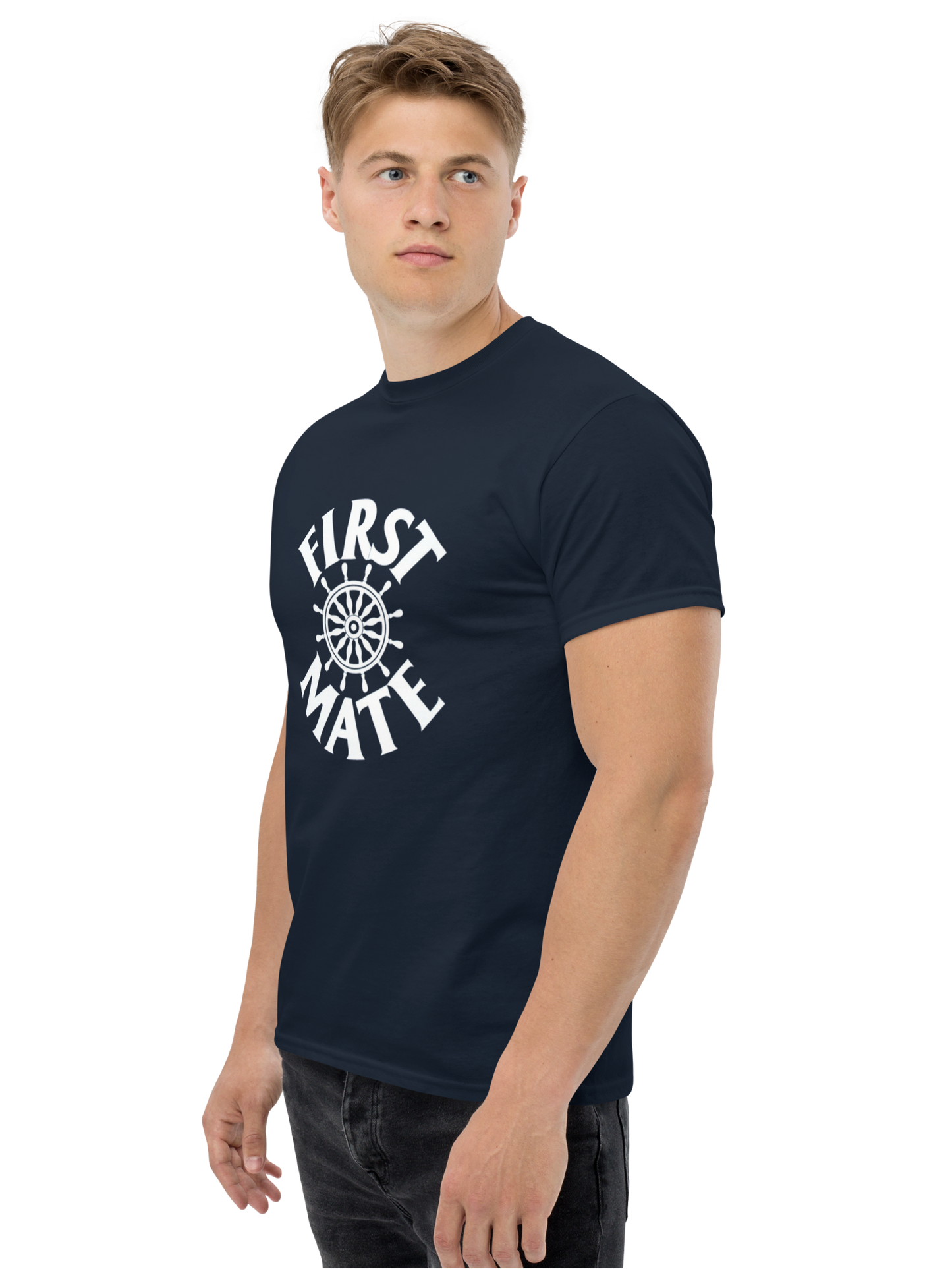 Man wearing a navy blue t-shirt with 'First Mate' text and graphic on a white background