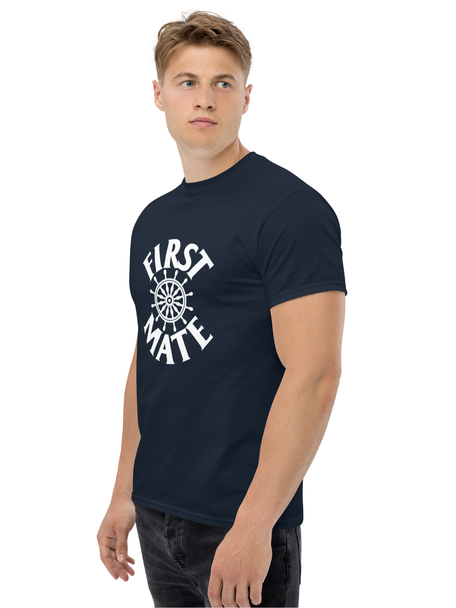 Man wearing a navy blue t-shirt with 'First Mate' text and graphic on a white background