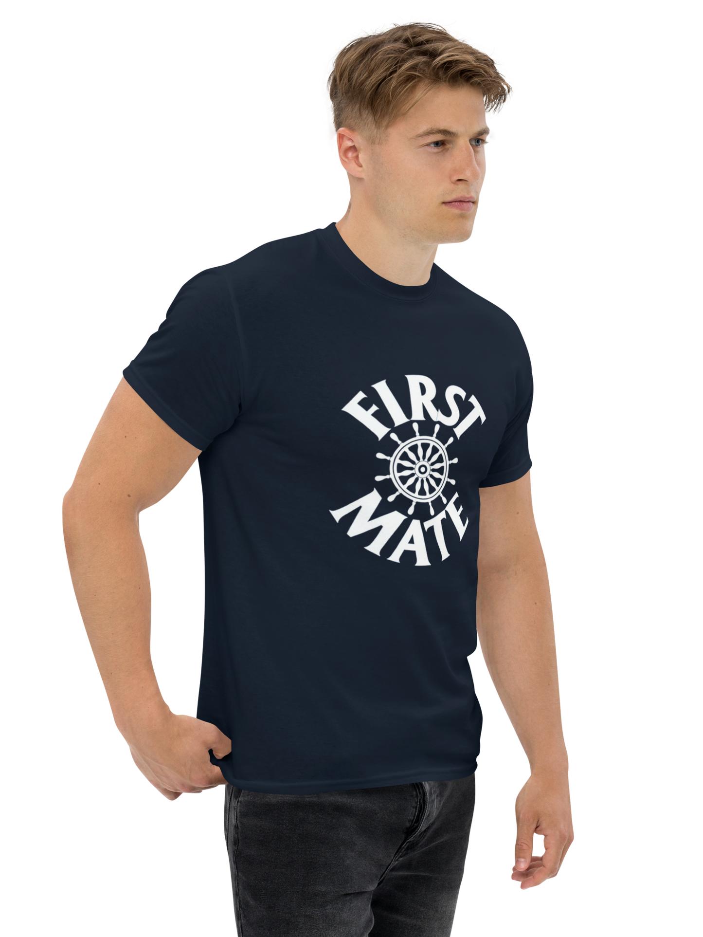 Man wearing a navy blue t-shirt with 'First Mate' design on a white background