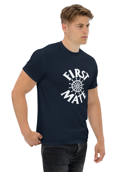 Man wearing a navy blue t-shirt with 'First Mate' design on a white background