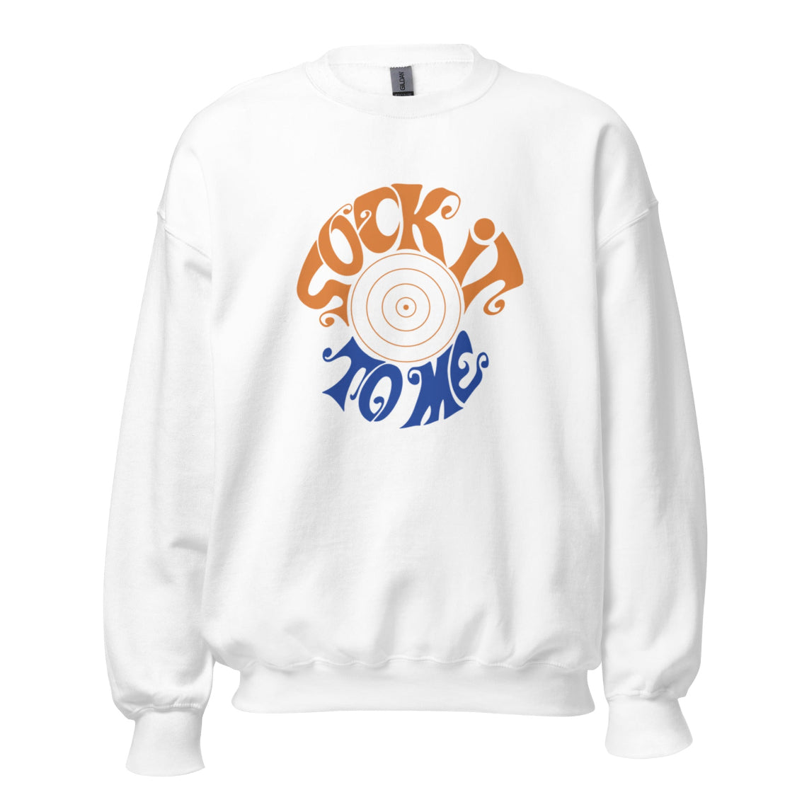 White sweatshirt with orange and blue graphic design on a white background