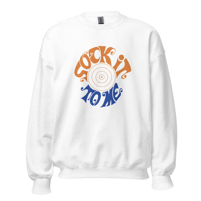 White sweatshirt with orange and blue graphic design on a white background